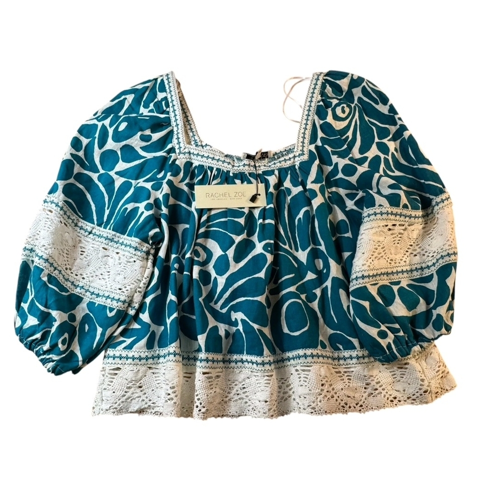 Rachel Zoe Linen Blend Boho Crochet Insert Square Neck Puff Sleeve Lrg NWT